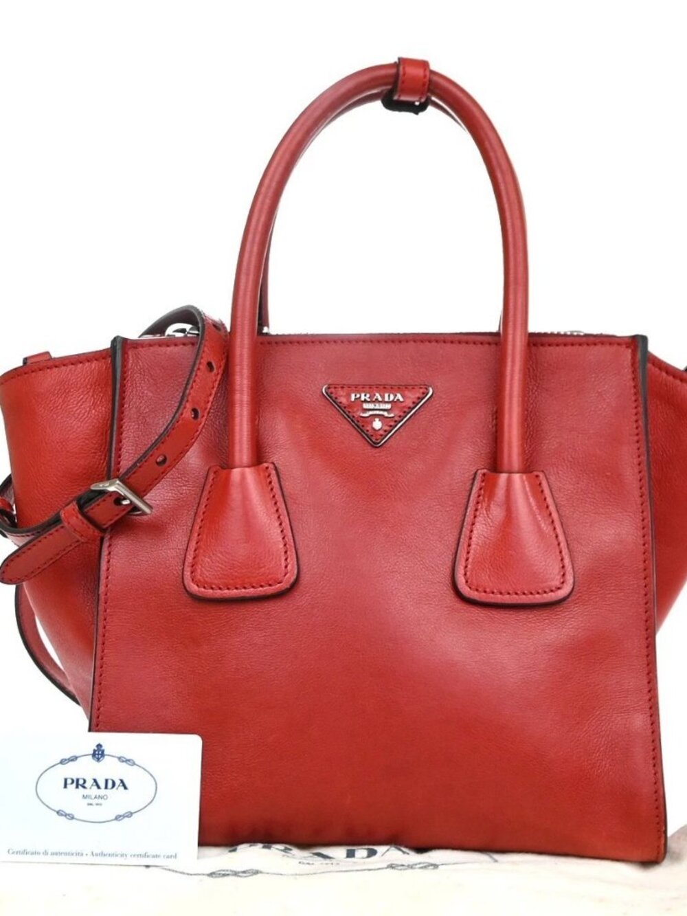 PRADA Logo 2Way Shoulder Hand Bag Glace Calf Leather Red SHW Italy